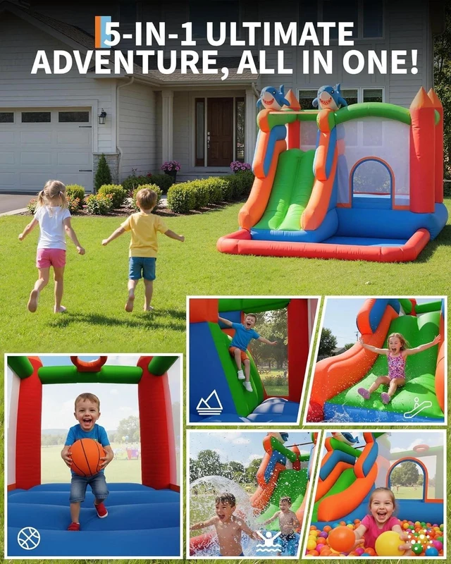 Alt view image 4 of 7 - 5 in 1 Bounce House w/ Slide Climb Wall Basketball Hoop Inflatable Bouncy Castle