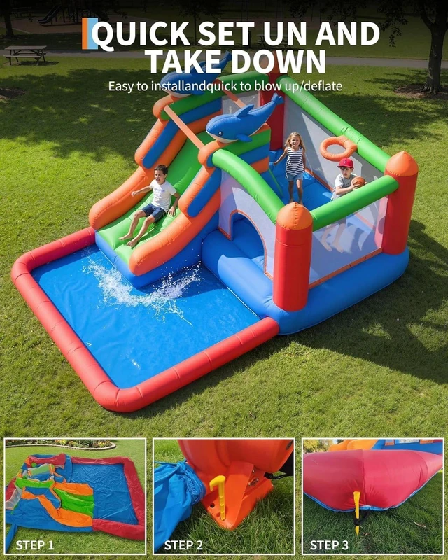 Alt view image 5 of 7 - 5 in 1 Bounce House w/ Slide Climb Wall Basketball Hoop Inflatable Bouncy Castle