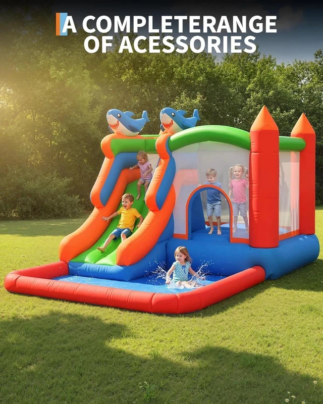 Alt view image 6 of 7 - 5 in 1 Bounce House w/ Slide Climb Wall Basketball Hoop Inflatable Bouncy Castle
