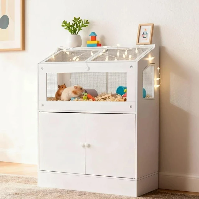 Alt view image 5 of 7 - Wood Hamster Cage Small Animal Cages with Storage Cabinet, Visual and Ventilated