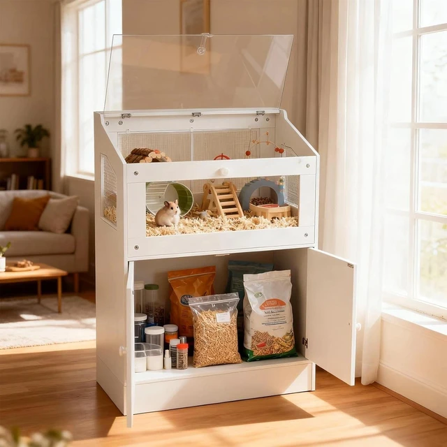 Alt view image 4 of 7 - Wood Hamster Cage Small Animal Cages with Storage Cabinet, Visual and Ventilated
