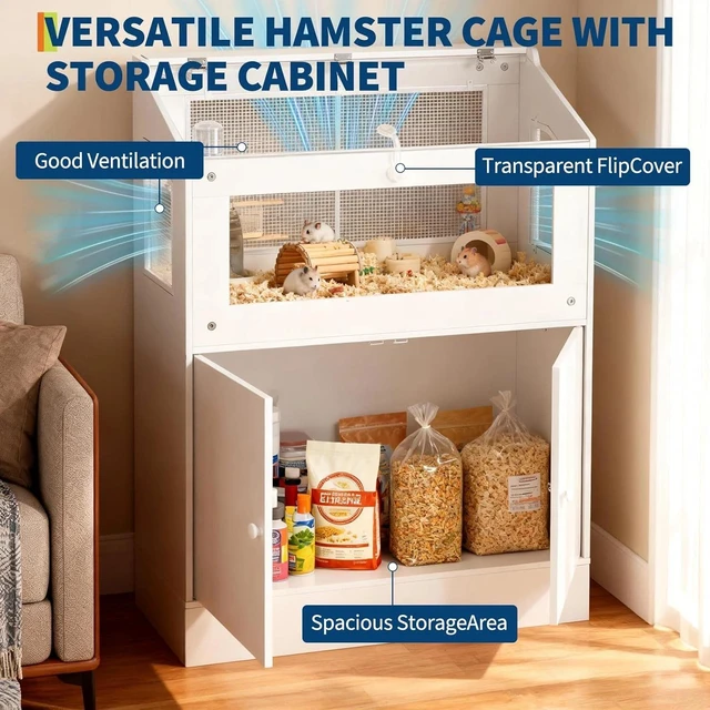 Alt view image 3 of 7 - Wood Hamster Cage Small Animal Cages with Storage Cabinet, Visual and Ventilated