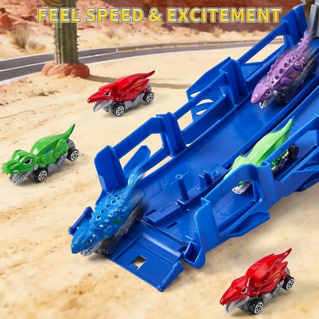 Alt view image 7 of 7 - Dinosaur Carrier Truck Playset,12 Dinosaur Cars with Foldable 3-Layer Race Track