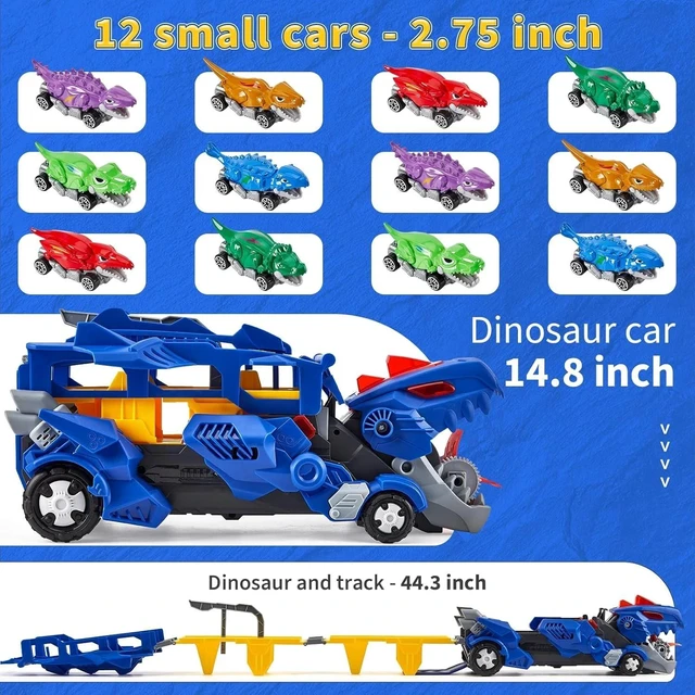Alt view image 6 of 7 - Dinosaur Carrier Truck Playset,12 Dinosaur Cars with Foldable 3-Layer Race Track