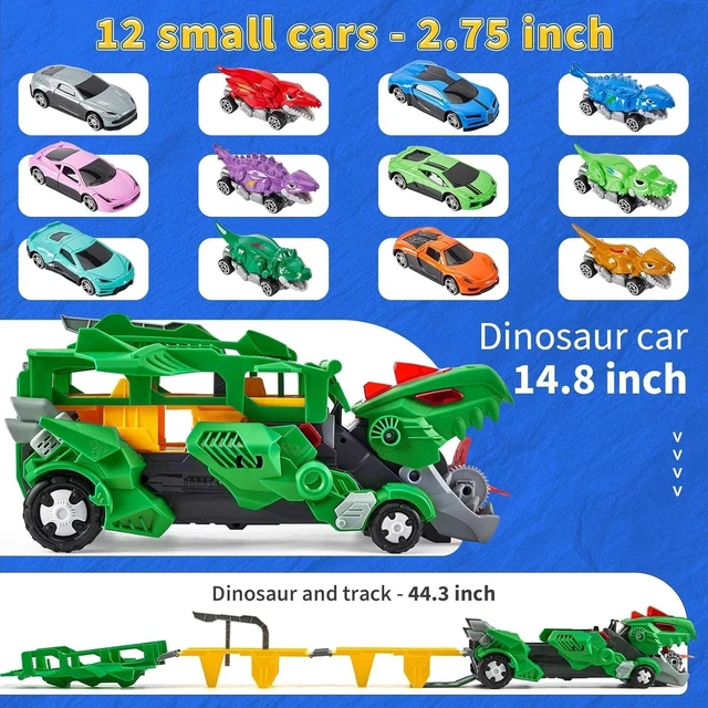 Alt view image 5 of 7 - Dinosaur Carrier Truck Playset, 6 Cars&6 Dinosaurs with 3-Layer Race Track