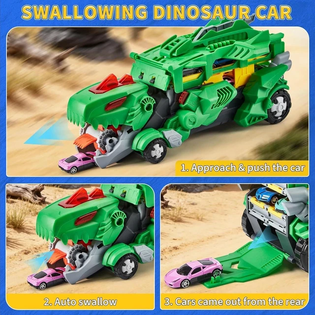Alt view image 4 of 7 - Dinosaur Carrier Truck Playset, 6 Cars&6 Dinosaurs with 3-Layer Race Track