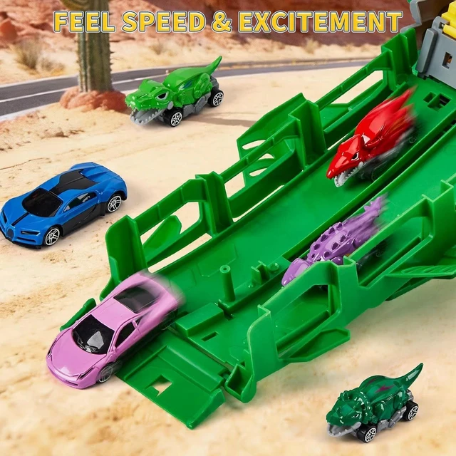 Alt view image 7 of 7 - Dinosaur Carrier Truck Playset, 6 Cars&6 Dinosaurs with 3-Layer Race Track