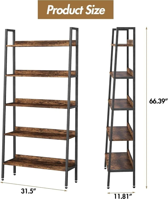 Alt view image 3 of 7 - 5 Tiers Industrial Bookshelf Rustic Wood Bookcase Wide Display Storage Shelves