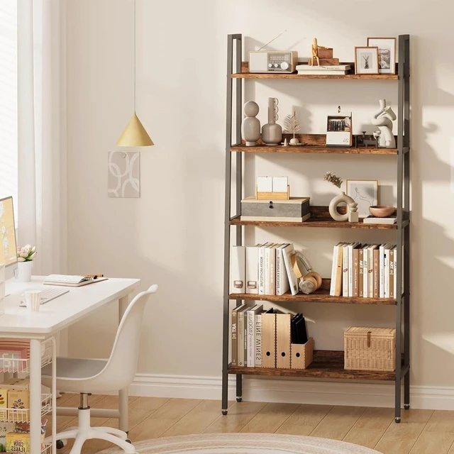 Alt view image 6 of 7 - 5 Tiers Industrial Bookshelf Rustic Wood Bookcase Wide Display Storage Shelves