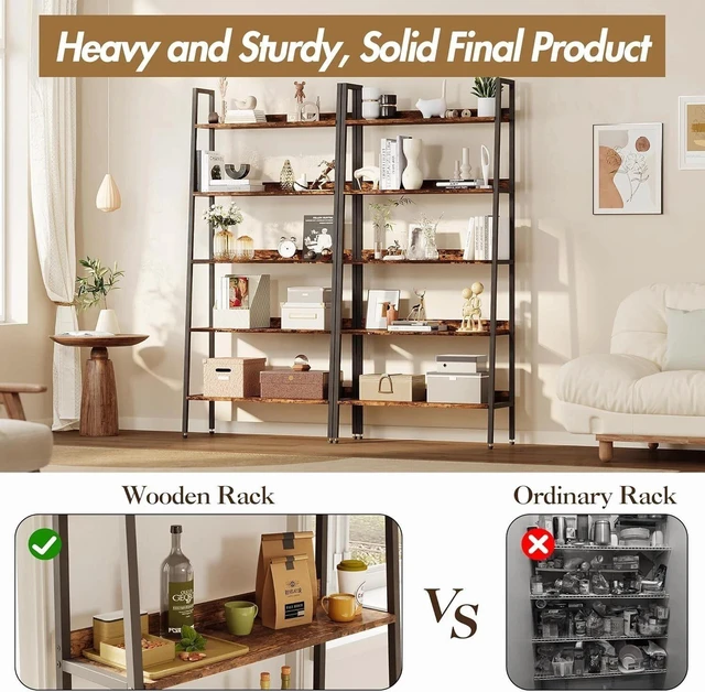 Alt view image 7 of 7 - 5 Tiers Industrial Bookshelf Rustic Wood Bookcase Wide Display Storage Shelves