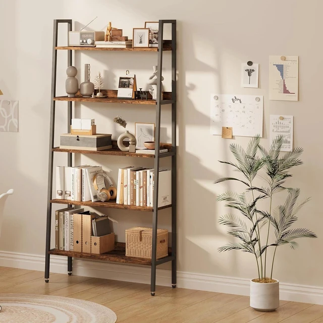 Alt view image 4 of 7 - 5 Tiers Industrial Bookshelf Rustic Wood Bookcase Wide Display Storage Shelves