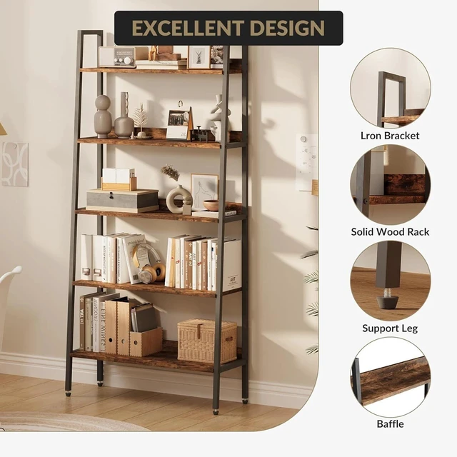 Alt view image 2 of 7 - 5 Tiers Industrial Bookshelf Rustic Wood Bookcase Wide Display Storage Shelves