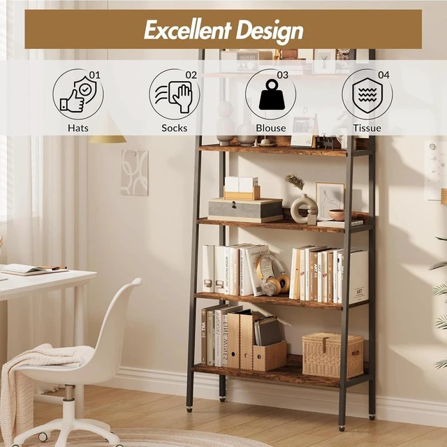 Alt view image 5 of 7 - 5 Tiers Industrial Bookshelf Rustic Wood Bookcase Wide Display Storage Shelves