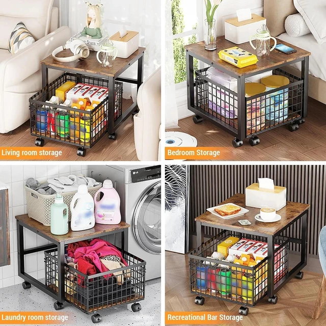 Alt view image 2 of 7 - Mobile Mini Fridge Stand with Rolling Drawer Basket Drink Refrigerator Cabinet