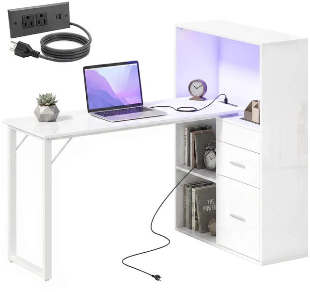 Main image of 54" Computer Desk, Home Office Desk with Power Outlets & LED Lights