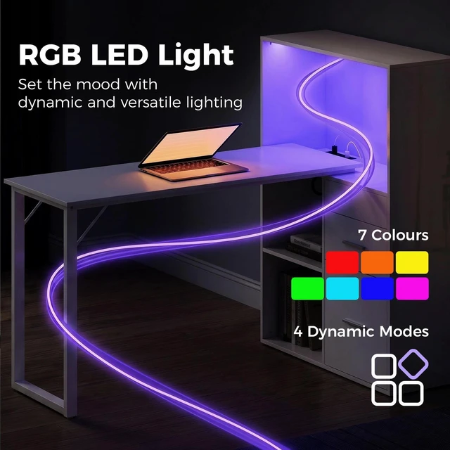 Alt view image 3 of 7 - 54" Computer Desk, Home Office Desk with Power Outlets & LED Lights
