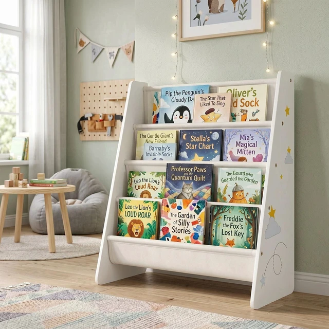 Alt view image 2 of 7 - Fabric Kids Bookshelf, 4-Tier Toddler Sling Book Rack for Playroom