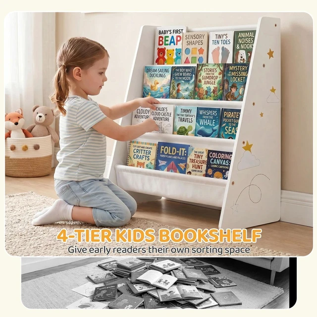 Alt view image 3 of 7 - Fabric Kids Bookshelf, 4-Tier Toddler Sling Book Rack for Playroom