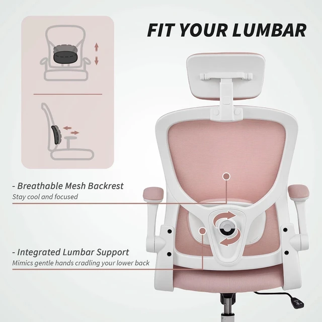 Alt view image 3 of 7 - Ergonomic Office Chair, Desk Chair with 4D Lumbar Support, Pink