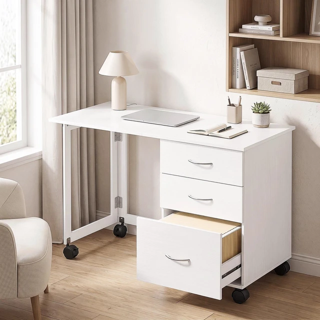 Alt view image 4 of 7 - Computer Desk Foldable Top with 3 Drawers, Wheels, White Wood Grain