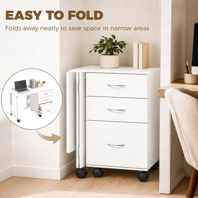 Alt view image 3 of 7 - Computer Desk Foldable Top with 3 Drawers, Wheels, White Wood Grain
