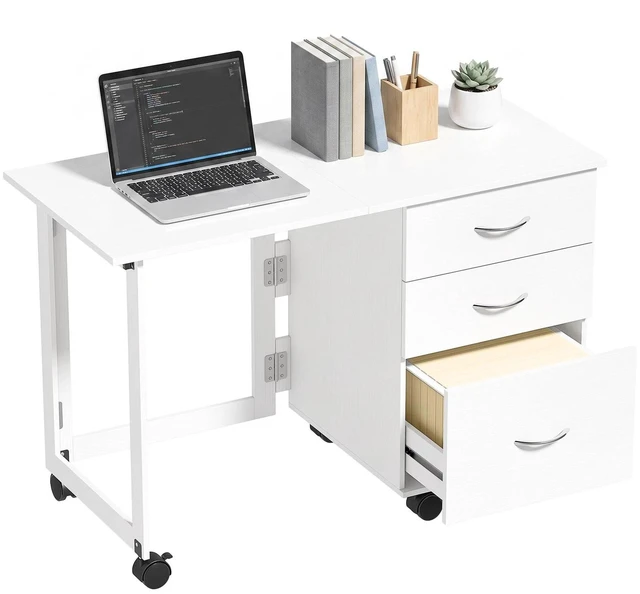 Main image of Computer Desk Foldable Top with 3 Drawers, Wheels, White Wood Grain