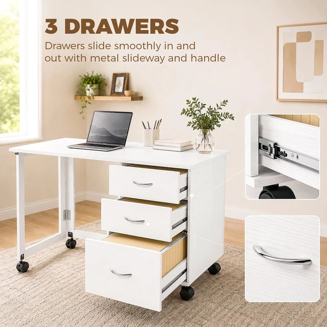 Alt view image 6 of 7 - Computer Desk Foldable Top with 3 Drawers, Wheels, White Wood Grain