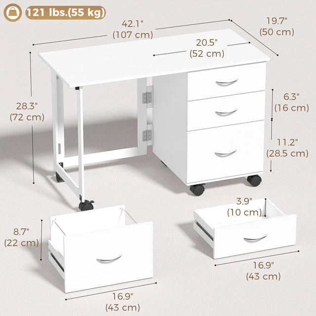 Alt view image 2 of 7 - Computer Desk Foldable Top with 3 Drawers, Wheels, White Wood Grain