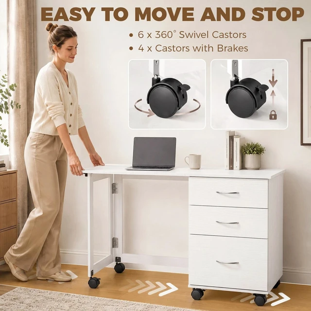 Alt view image 5 of 7 - Computer Desk Foldable Top with 3 Drawers, Wheels, White Wood Grain