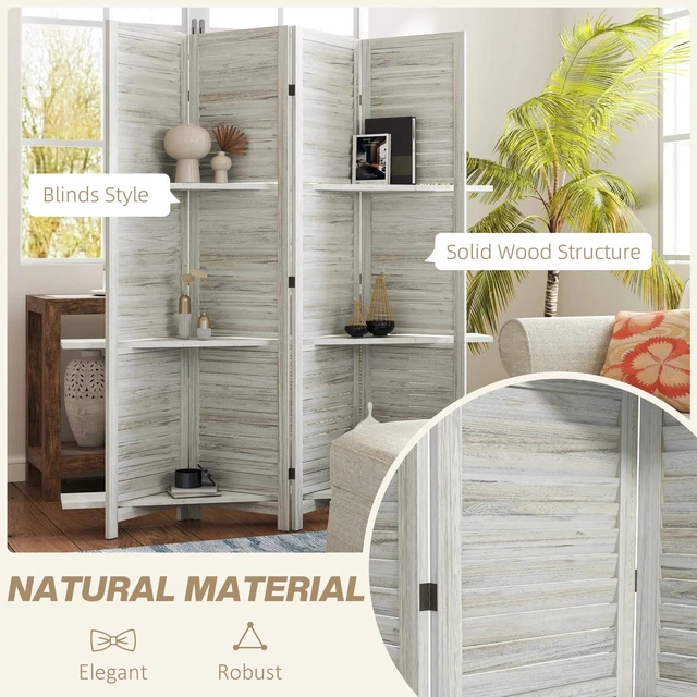 Alt view image 6 of 7 - 4-Panel 5.6ft Folding Privacy Screen Room Divider with 3 Shelves Blinds Wooden
