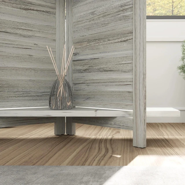 Alt view image 7 of 7 - 4-Panel 5.6ft Folding Privacy Screen Room Divider with 3 Shelves Blinds Wooden