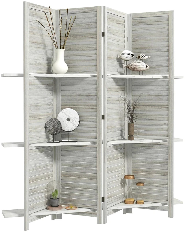 Main image of 4-Panel 5.6ft Folding Privacy Screen Room Divider with 3 Shelves Blinds Wooden