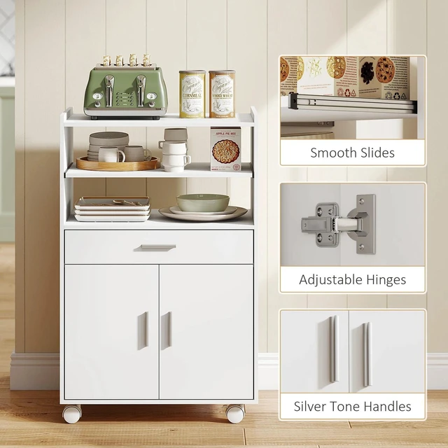 Alt view image 5 of 7 - Microwave Cart with Wheels, Microwave Stand with Drawer, White