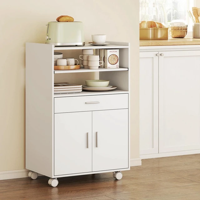 Alt view image 2 of 7 - Microwave Cart with Wheels, Microwave Stand with Drawer, White
