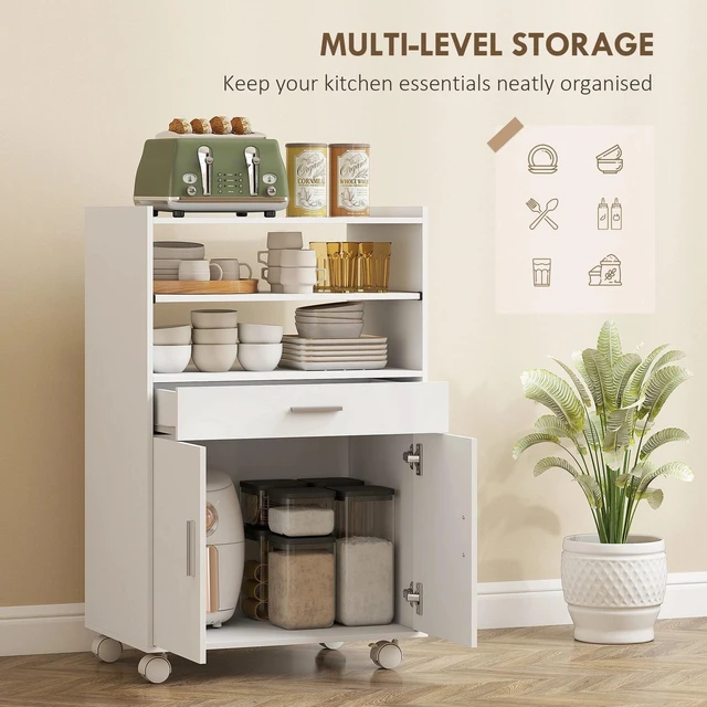Alt view image 6 of 7 - Microwave Cart with Wheels, Microwave Stand with Drawer, White