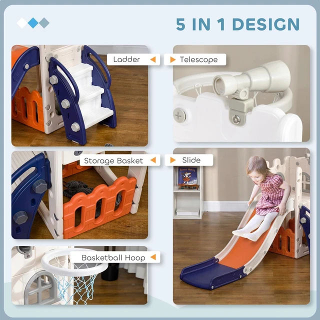 Alt view image 4 of 7 - 5 in 1 Toddler Slide for Kids Aged 1-3 Years Indoor Use, Orange
