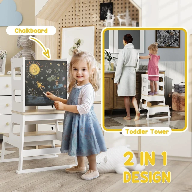 Alt view image 6 of 7 - 2 in 1 Toddler Tower w/ Chalkboard, Safety Rail, White