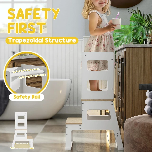 Alt view image 4 of 7 - 2 in 1 Toddler Tower w/ Chalkboard, Safety Rail, White