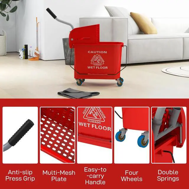 Alt view image 3 of 7 - Mop Bucket with Wringer on Wheels for Floor Cleaning 5 Gallon Red