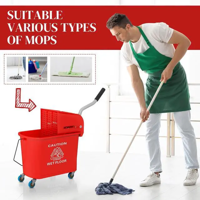 Alt view image 6 of 7 - Mop Bucket with Wringer on Wheels for Floor Cleaning 5 Gallon Red