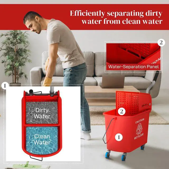 Alt view image 2 of 7 - Mop Bucket with Wringer on Wheels for Floor Cleaning 5 Gallon Red