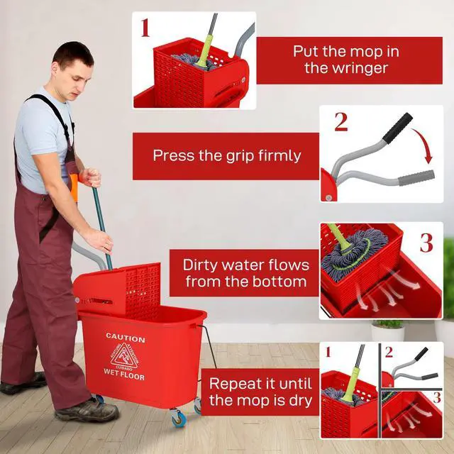 Alt view image 5 of 7 - Mop Bucket with Wringer on Wheels for Floor Cleaning 5 Gallon Red