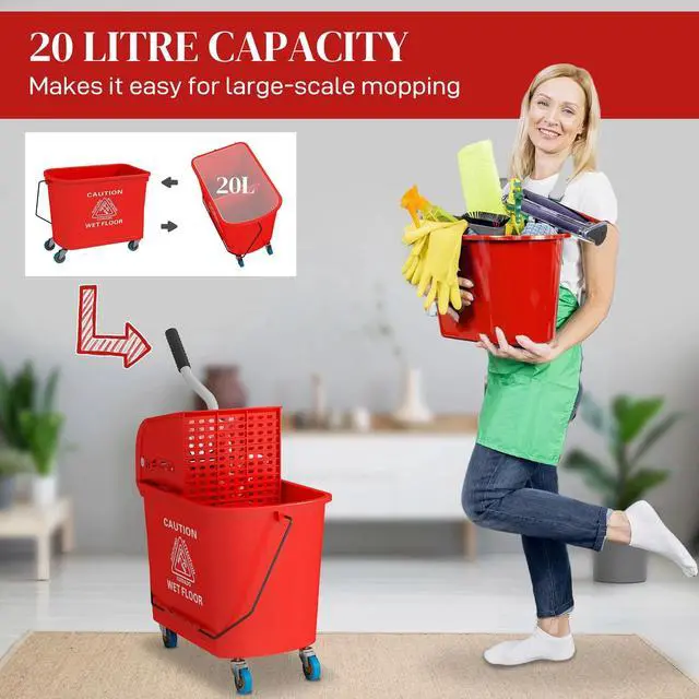Alt view image 4 of 7 - Mop Bucket with Wringer on Wheels for Floor Cleaning 5 Gallon Red