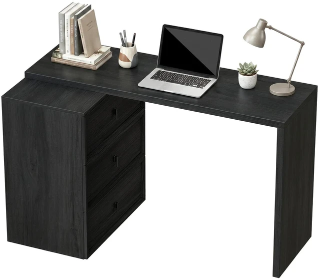 Main image of Shaped Computer Desk with 3 Drawers Black Wood Grain