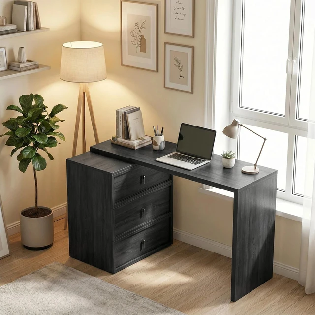 Alt view image 4 of 7 - Shaped Computer Desk with 3 Drawers Black Wood Grain