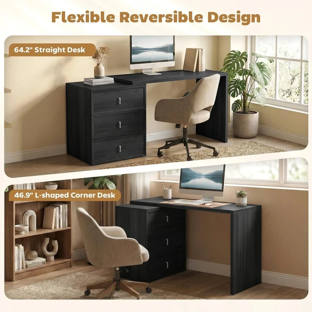 Alt view image 3 of 7 - Shaped Computer Desk with 3 Drawers Black Wood Grain