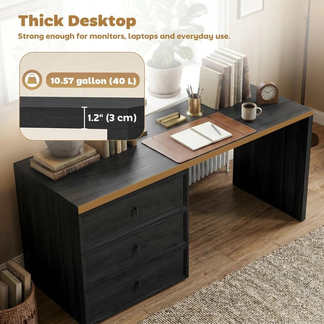 Alt view image 7 of 7 - Shaped Computer Desk with 3 Drawers Black Wood Grain