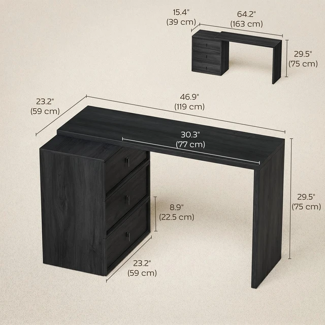 Alt view image 2 of 7 - Shaped Computer Desk with 3 Drawers Black Wood Grain