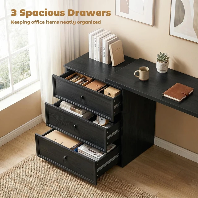Alt view image 5 of 7 - Shaped Computer Desk with 3 Drawers Black Wood Grain