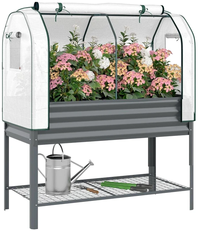 Main image of Galvanised Raised Garden Bed with Greenhouse Cover, Dark Grey